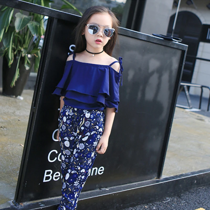 Fashion Summer Girls Clothing Set 2024 Children Off Shoulder Tops Floral Pants 2Pcs Kids Outfits Teen Girl Clothes 5 6 7 8 Years