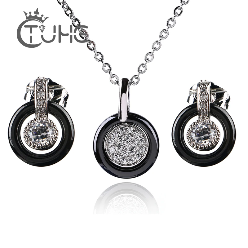 Silver Color Fashion Ceramic Jewelry Set Cubic Zircon Statement Long Pendant Necklace & Stud Earrings Wedding Jewelry for Women