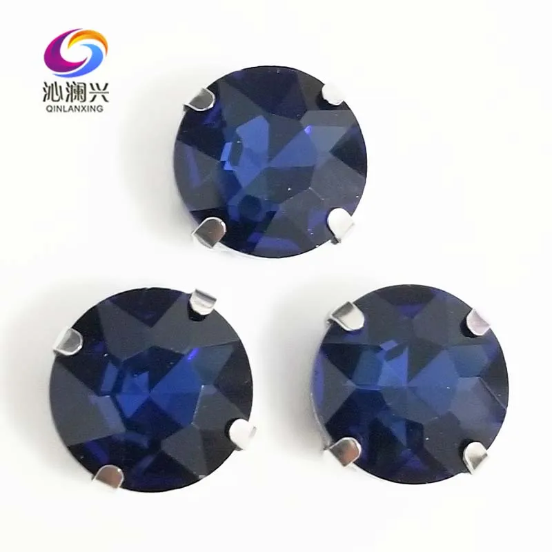 

Free shipping Ink blue round shape good quality Glass Crystal sew on claw rhinestones with ,Diy Clothing accessories SWB14