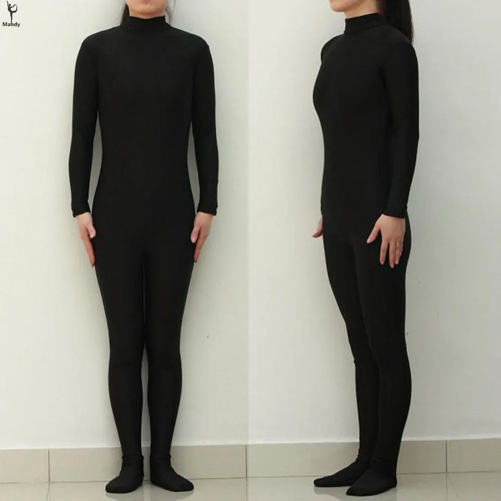 Plus Size XXXL Spandex Turtleneck Womens Long Sleeve Black Zentai Suit Bodysuit Stretchy Footed Dancewear Catsuit without Hood