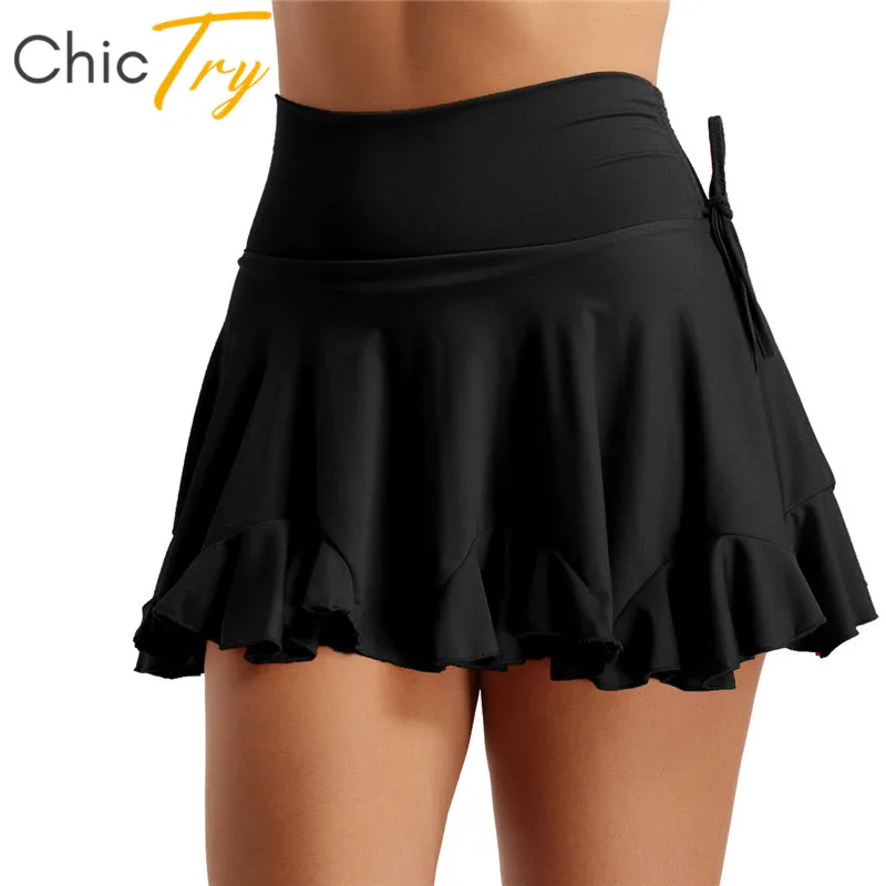 ChicTry Women Black/Red High Waist Latin Dance Skirt Stage Dance Costume Adult Tango Salsa Rumba Latin Dance Shorts Culottes