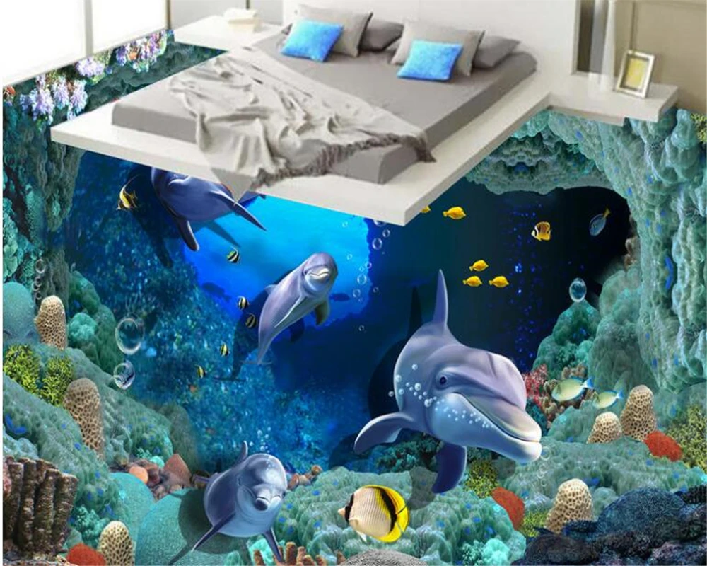 

beibehang cave dolphin coral tiles 3d flooring painting bedroom bathroom living room waterproof self-adhesive wallpaper coated