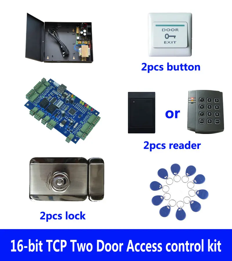 

Комплект контроля доступа к RFID-карте, двухдверный контроллер доступа TCP + Powercase + Интеллектуальный бесшумный замок + считыватель ID + кнопка + 10 идентификационных бирок, Sn:Kit-B209