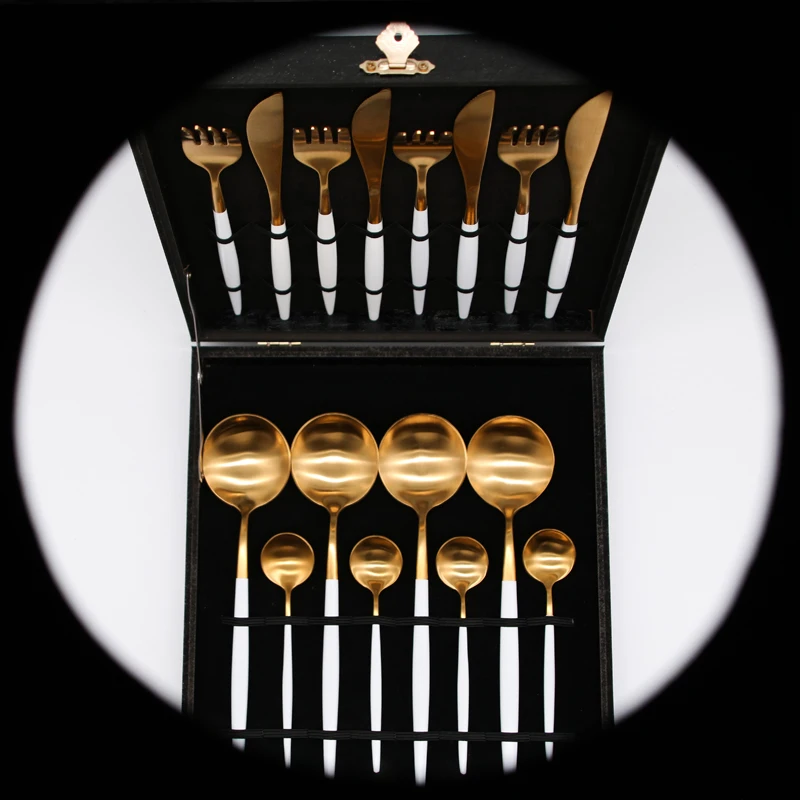 16pcs 18/10 Stainless Steel Steak Knife Fork kitchen silverware Dinnerware  White Gold Cutlery Set With Gift Box Drop Shipping