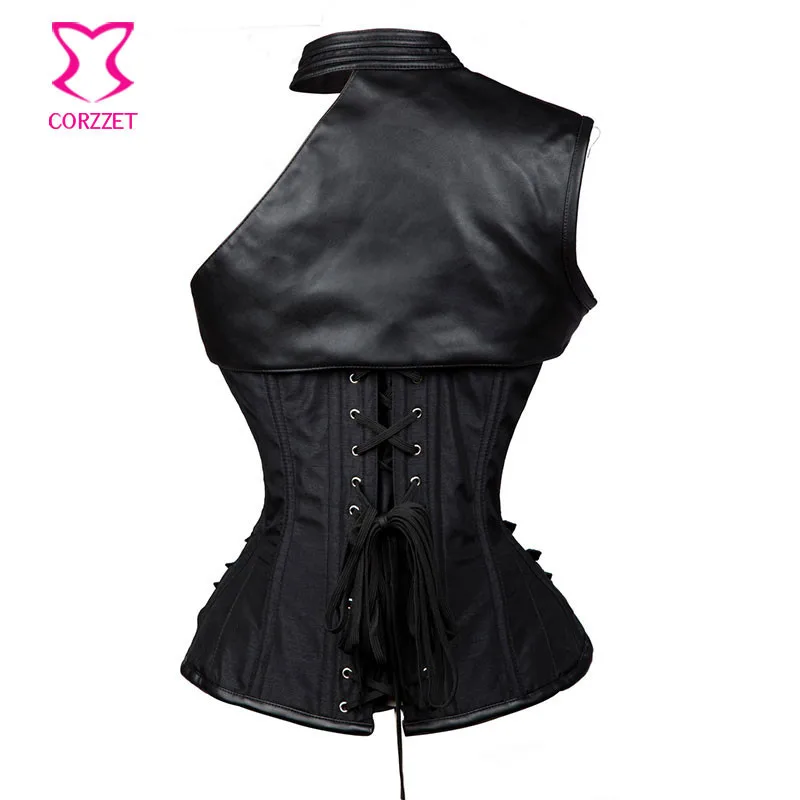 Gothic Plus Size Black Leather Armor Steel Boned Overbust Corset And Bustier Tops Women Shaper Body Vintage Steampunk Corset 6XL