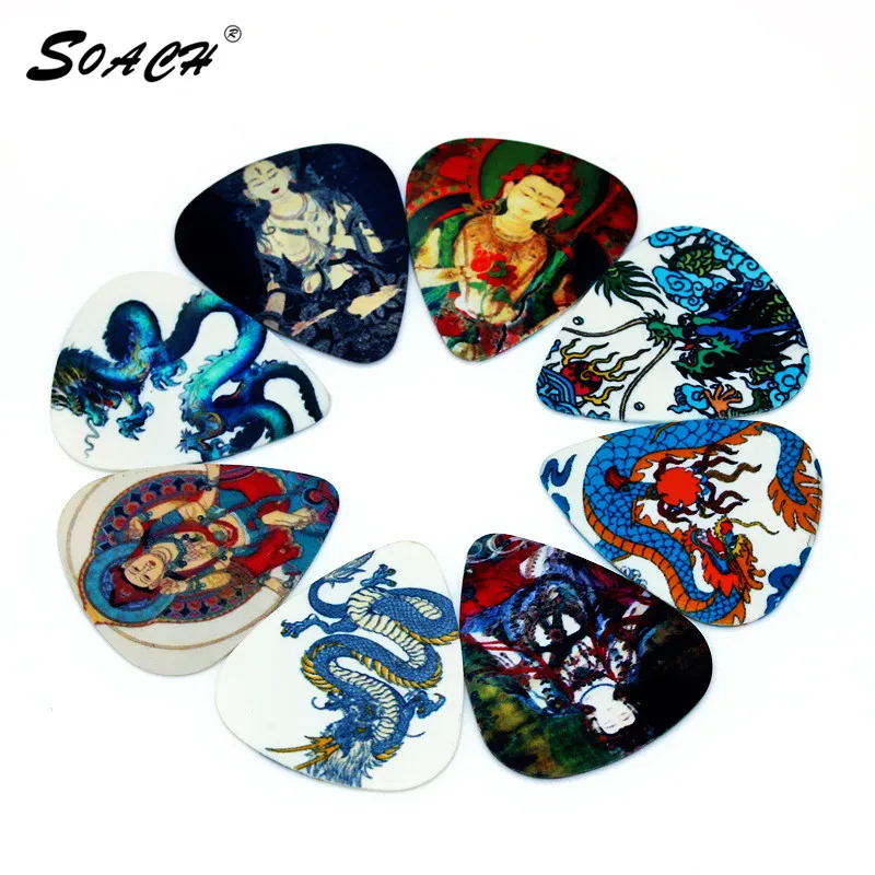 SOACH 10pcs/Lot 0.71mm thickness guitar strap guitar parts Cool Buddhism Dragon mixed pattern guitar picks