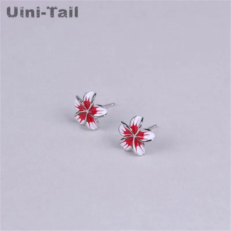 Uini-Tail Hot Sweet Red Cherry Blossom Stud Earrings 925 Tibetan silver Earrings Glazed Romantic Flowers New Small Fresh ED163