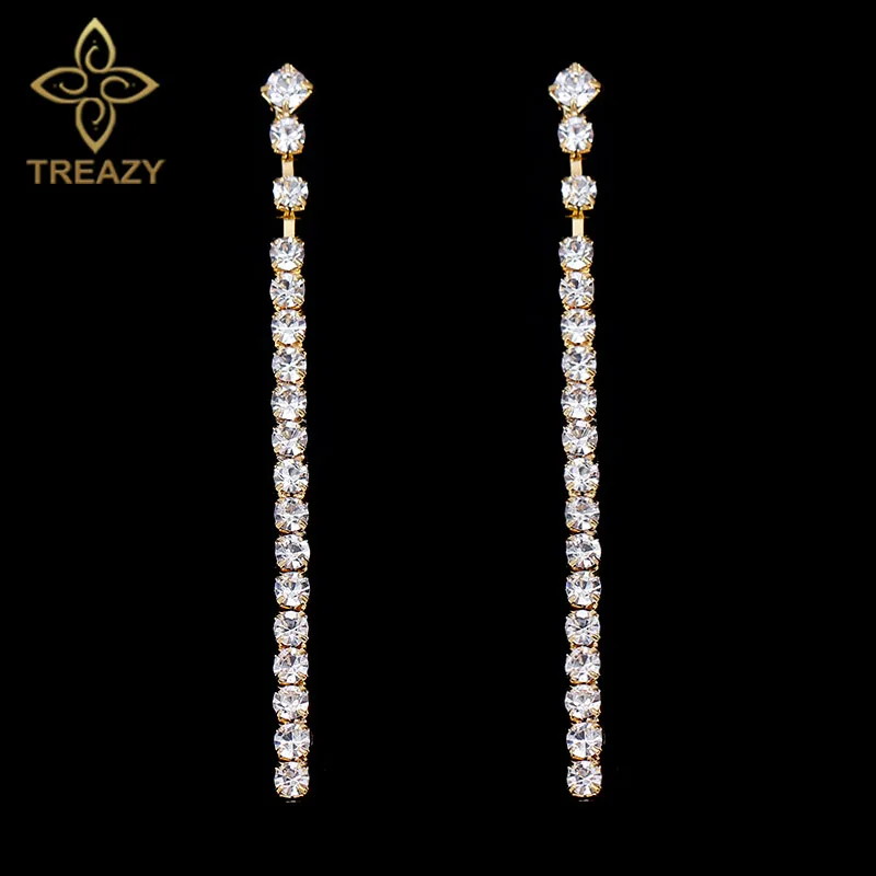 TREAZY Simple Style Crystal Bridal Long Strip Earrings Gold Color Rhinestone Dangle Earrings For Women Wedding Jewelry Gifts