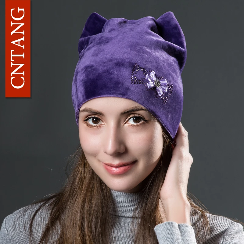 CNTANG Cute Cat Ears With Flower Caps Winter Warm Women Hats Flannel Autumn Beanies Fashion Girls Hat Velvet Skullies For Female