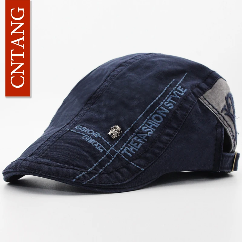 Casquette à visière en coton pour hommes, chapeau rétro, casquettes plates, bouton réglable, lettre brodée, béret tête de mort, décontracté, tailles