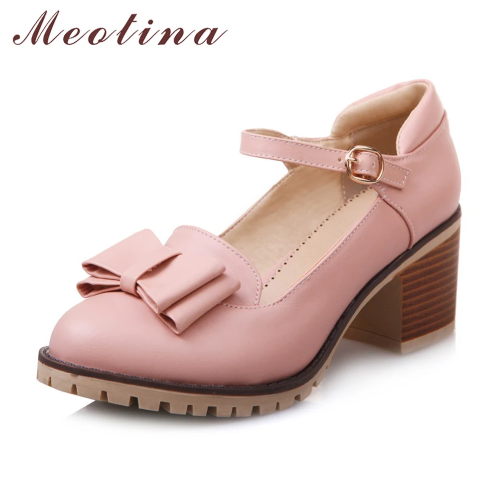 Meotina Women Pumps Lolita Shoes Platform High Heels Pink Mary Jane Shoes Bow Block Heel Ladies Party Shoes Large Size 33-43