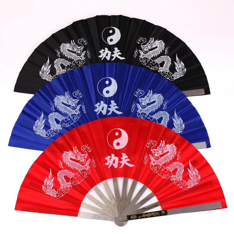 New Chinese Kung Fu Fan Wushu Dragon Stainless Steel Frame Tai Chi Martial Arts 3 Color Available