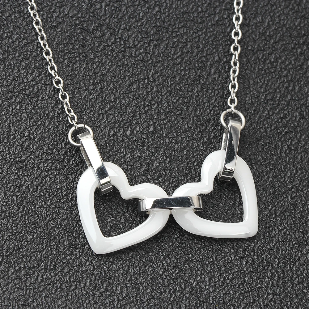 Fashion White Ceramic Double Heart Pendants Necklace Stainless Steel Link Chain Choker Necklace Women Jewelry Collier