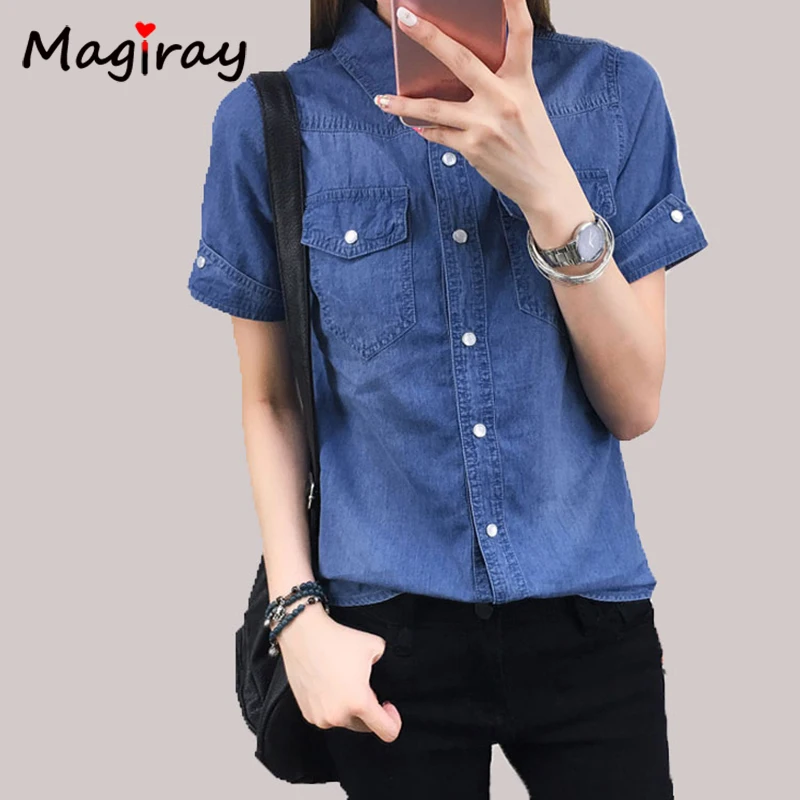 Magiray Harajuku Denim Blouse Women Summer Short Sleeve Vintage Jeans Shirt Femme Baggy Button Pocket Casual Blusa Feminina 316