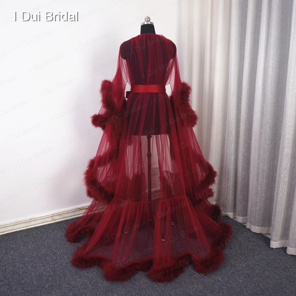 Burgundy Feather Robe  Boudoir Tulle Illusion Bridal Robe Long Gift for Bride Homecoming Party Dress