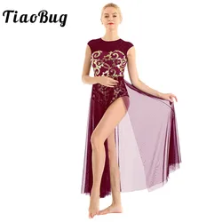 Women Ballet Dance Leotards Maxi Long Dress Sequins Asymmetrical Chiffon Gymnastics Leotard Contemporary Lyrical Dance Costume