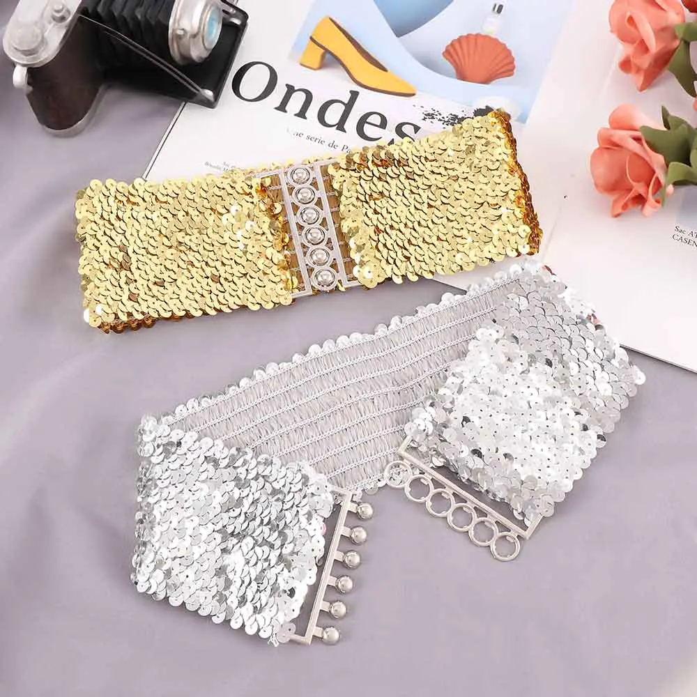 2020 Fashion Ladies Waistband Charms Women Elastic Sequin Belly Waist Belt Casual Stretch Belt Buckle Corset Wide Waist Belts