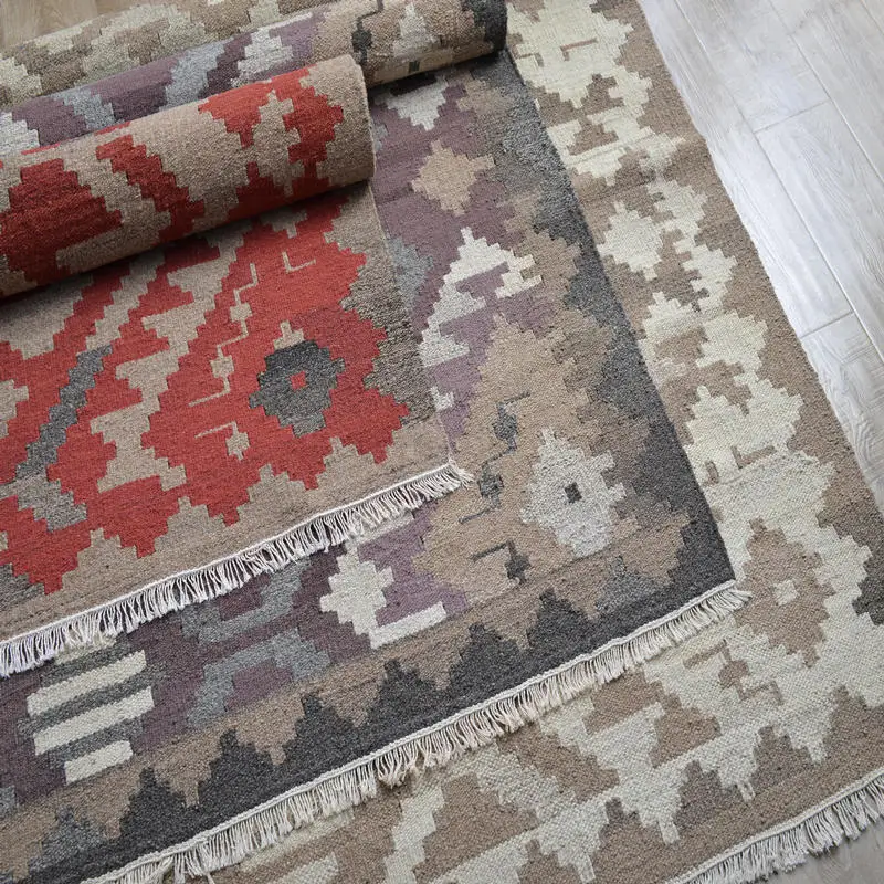 Idyllic Nordic beige geometric retro A beautiful American hand-knitted pure wool kilim carpet tapestry gc137kli02yg2