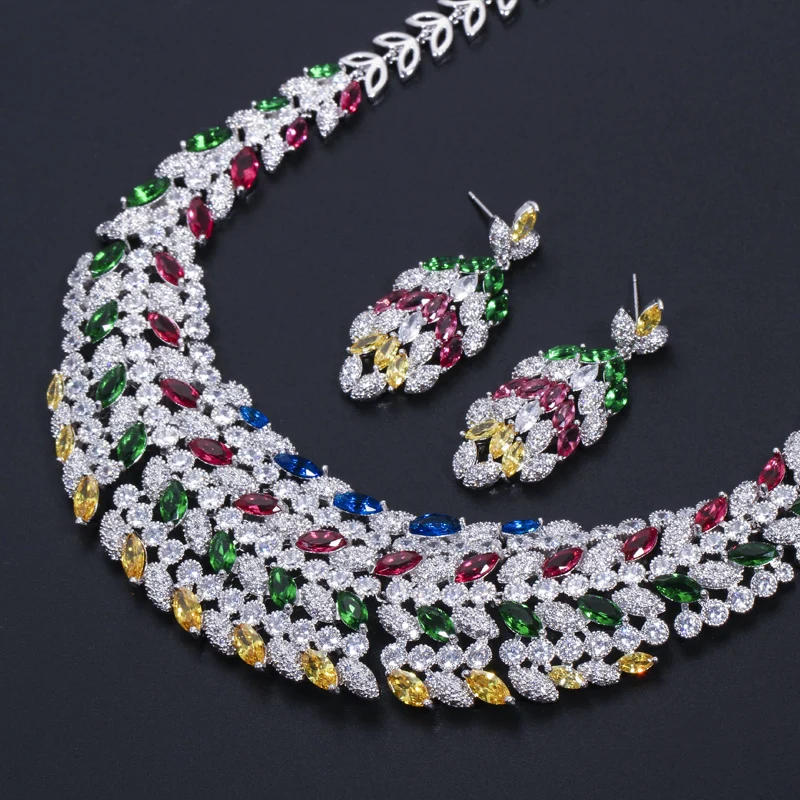 CWWZircons Shiny Multi Color Cubic Zirconia Large Heavy Bridal Necklace Jewelry Set for Brides Wedding Dress Accessories T178