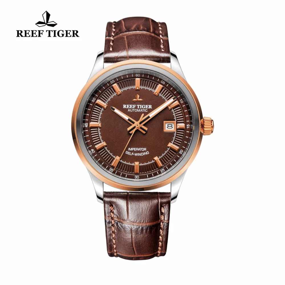 

Reef Tiger/RT Watches Hot Design Dress Business Watch with Date Luminous Hands Automatic Watch Steel Case Rose Gold RGA8015