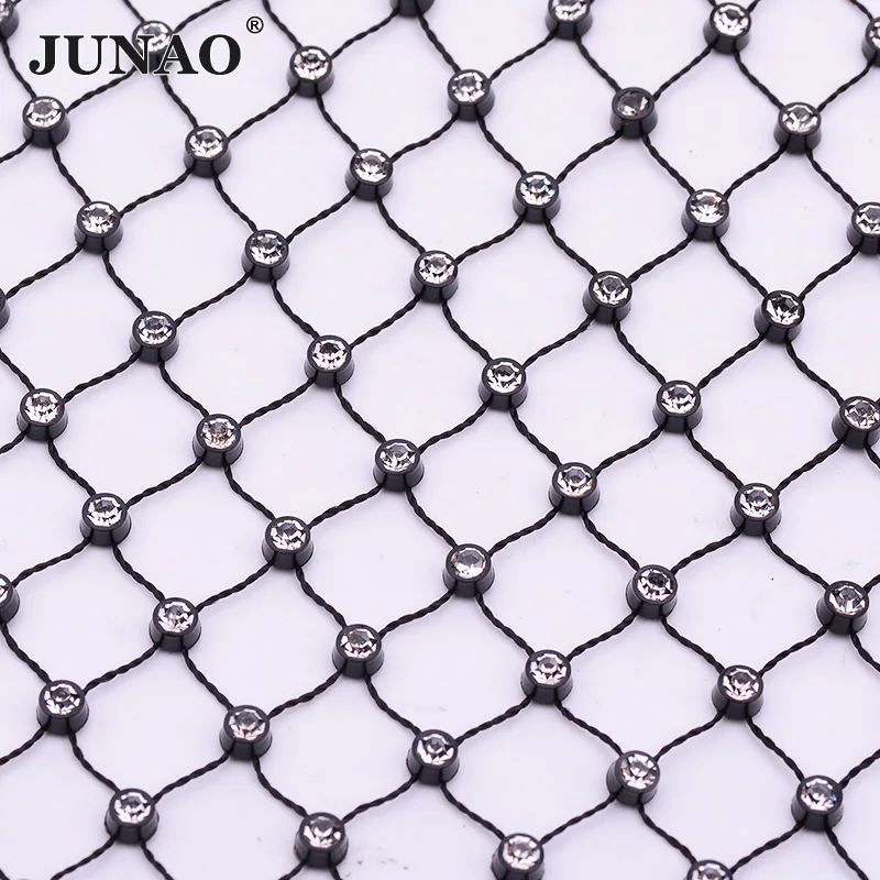 JUNAO 1 Meter 36 Row Elastic Black Glass Rhinestone Trim Mesh Clear Crystal Fabric Sewing Strass Ribbon Applique Dress Crafts