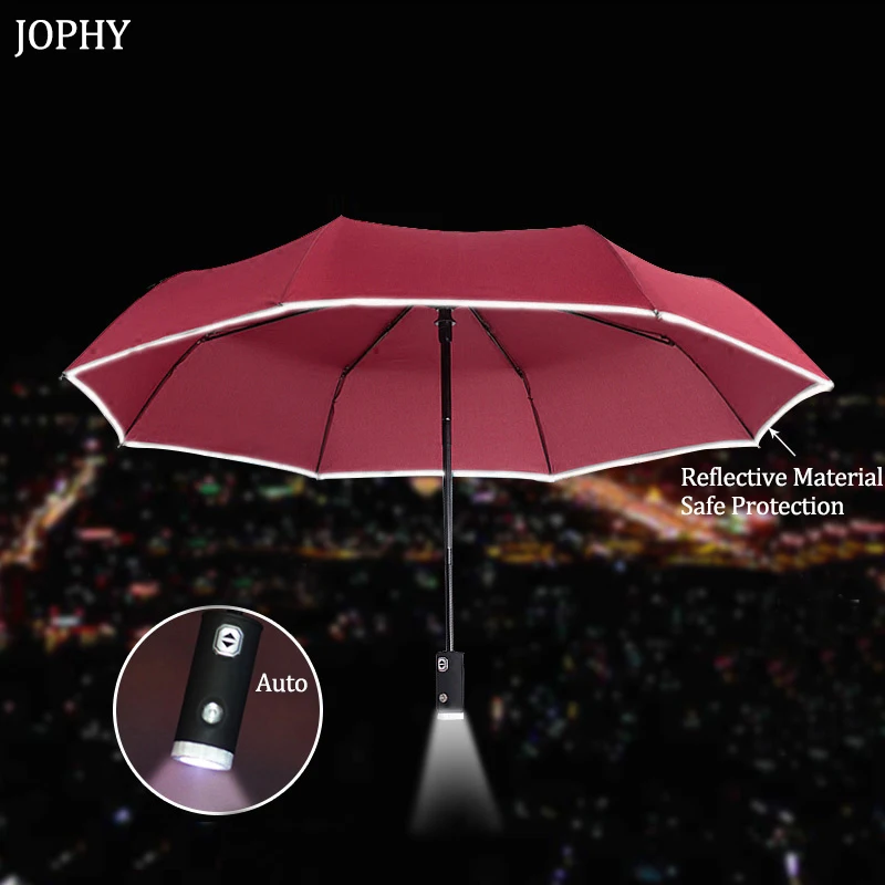 New LED Automatic Folding Umbrella Parasols Strong Windproof Outdoor Black Rain Umbrellas Women Men with Led Flashlight