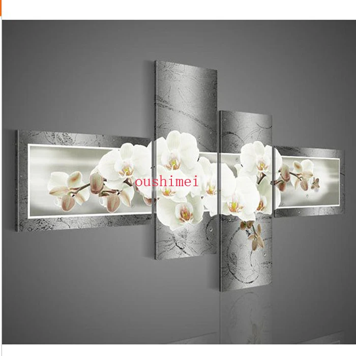 

Handpainted 4PCS Wall Art Grey Painting Modern Handmade Abstract Acrylic Flower Orchid Gray Oil Painting On Canvas Home Decor