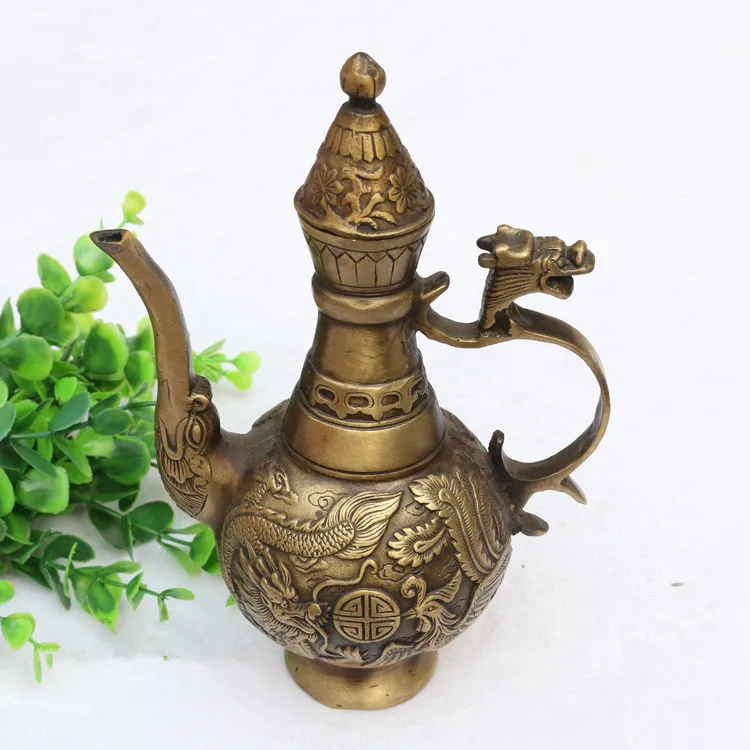 

Ancient Chinese bronze brass longfeng children statue of the teapot home decoration Metal crafts pot