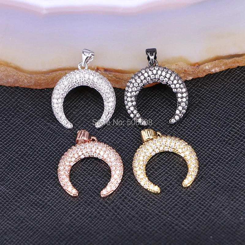 

10PCS ZYZ180-8374 Fashion Jewelry Pave CZ Cubic Zirconia Double Horn Pendant for Necklace, Mix Color Crescent Copper CZ Charms