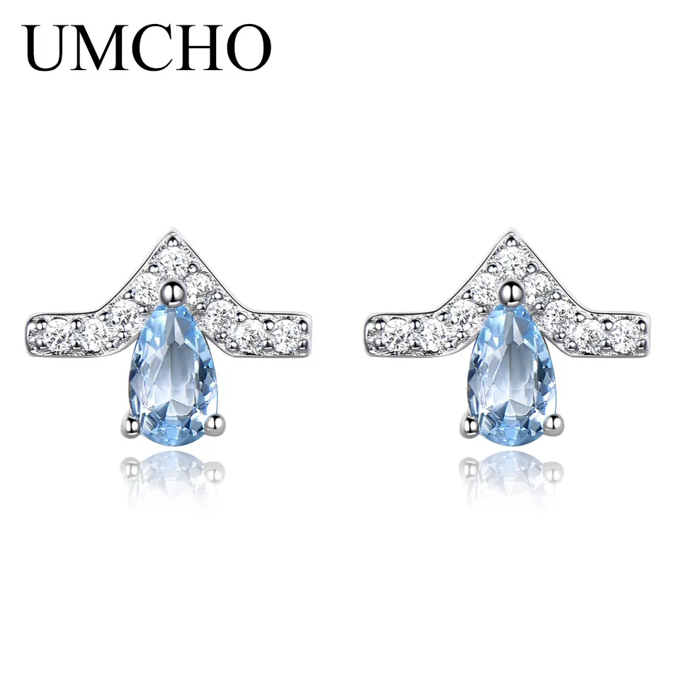 

UMCHO Real 925 Sterling Silver Stud Earrings For Women Blue Gemstone Wedding Cute Korea Earrings Girl Friend Gift Fashion New