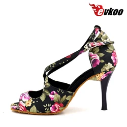 Customized Zapatos De Baile Latino Shoes Flower Pattern Satin Material 8.5cm Heel Ballroom Latin Shoes For Ladies Evkoo-007