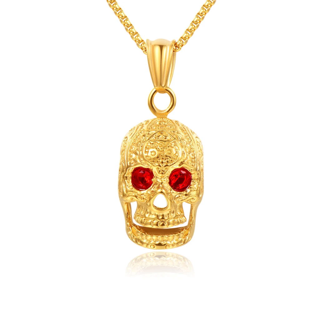 Hot Sale Titanium Steel Gold Black Color Skull Pendant Necklace with CZ Crystal Punk Rock Men\'s Jewelry Brother Gift