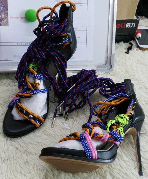 Summer Colorful  Rope Straps Knot Women sandals Mixed colors Lace Up High Heels Cut Out Style Ladies Gladiator Party Stiletto