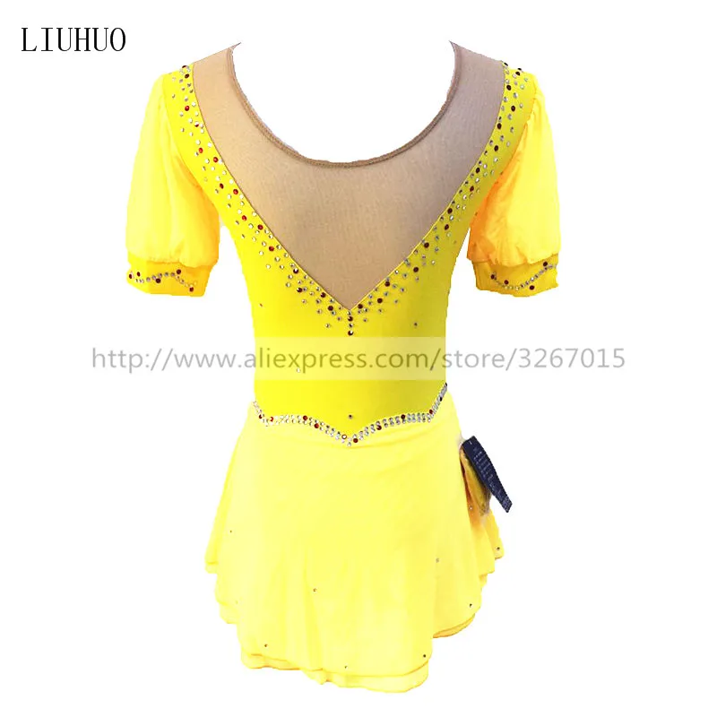 LIUHUO Women Girl Ice Figure Skating Dress Competition Performance Costume Dance Leotard Skirt Roller Adult Teen Yellow Children