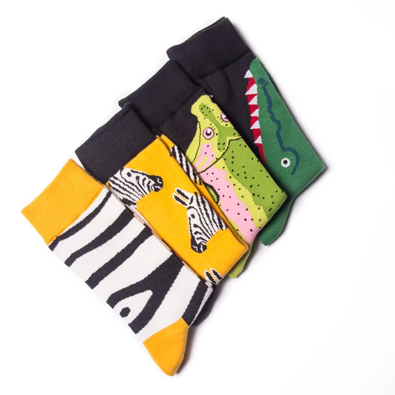 SGEDONE  New  Men Happy Socks High Quality Combed Cotton Crew Flamingo/Crocodile/Zebra Animals Funny Casual Sock For Couple