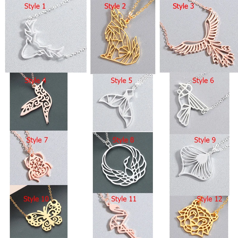 Chandler Origami Animal Necklaces Stainless Steel Flamingo Phoenix Bird Chain Necklace For Girl Wolf Butterfly Geometry Chocker