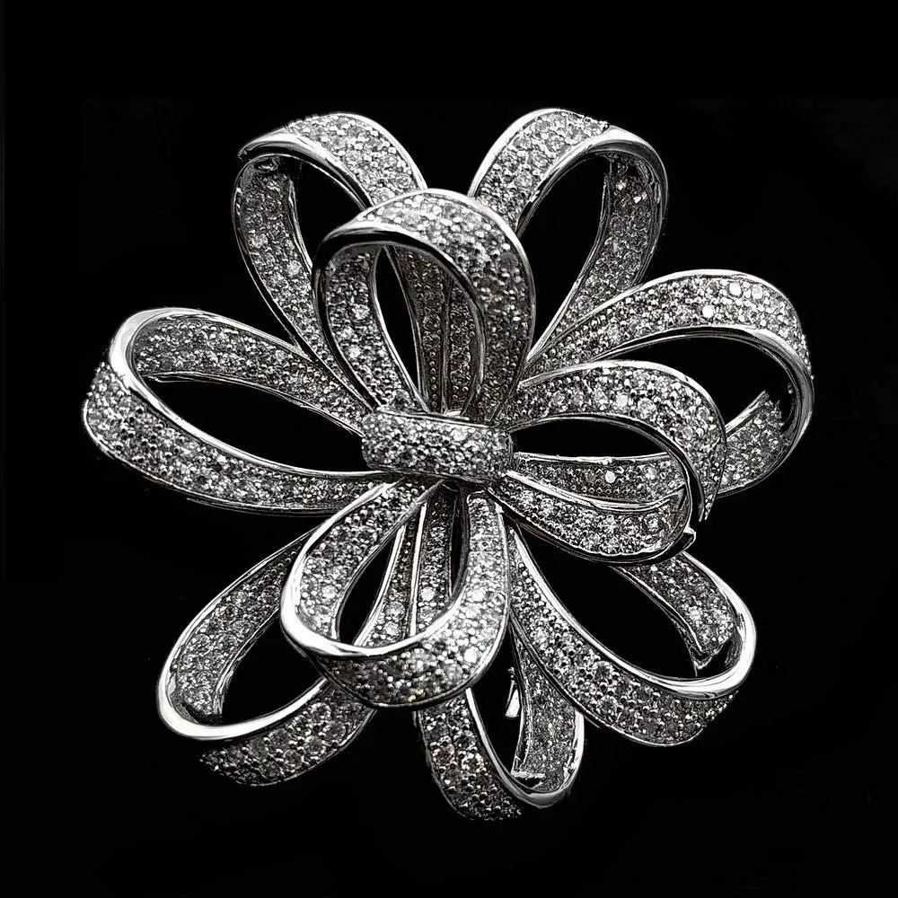 Victorian Vintage Silvertone Micro Pave Clear CZ Ribbon Bow Brooches Circlet Floral Style Bowtie Pin Broach Women Bridal Jewelry