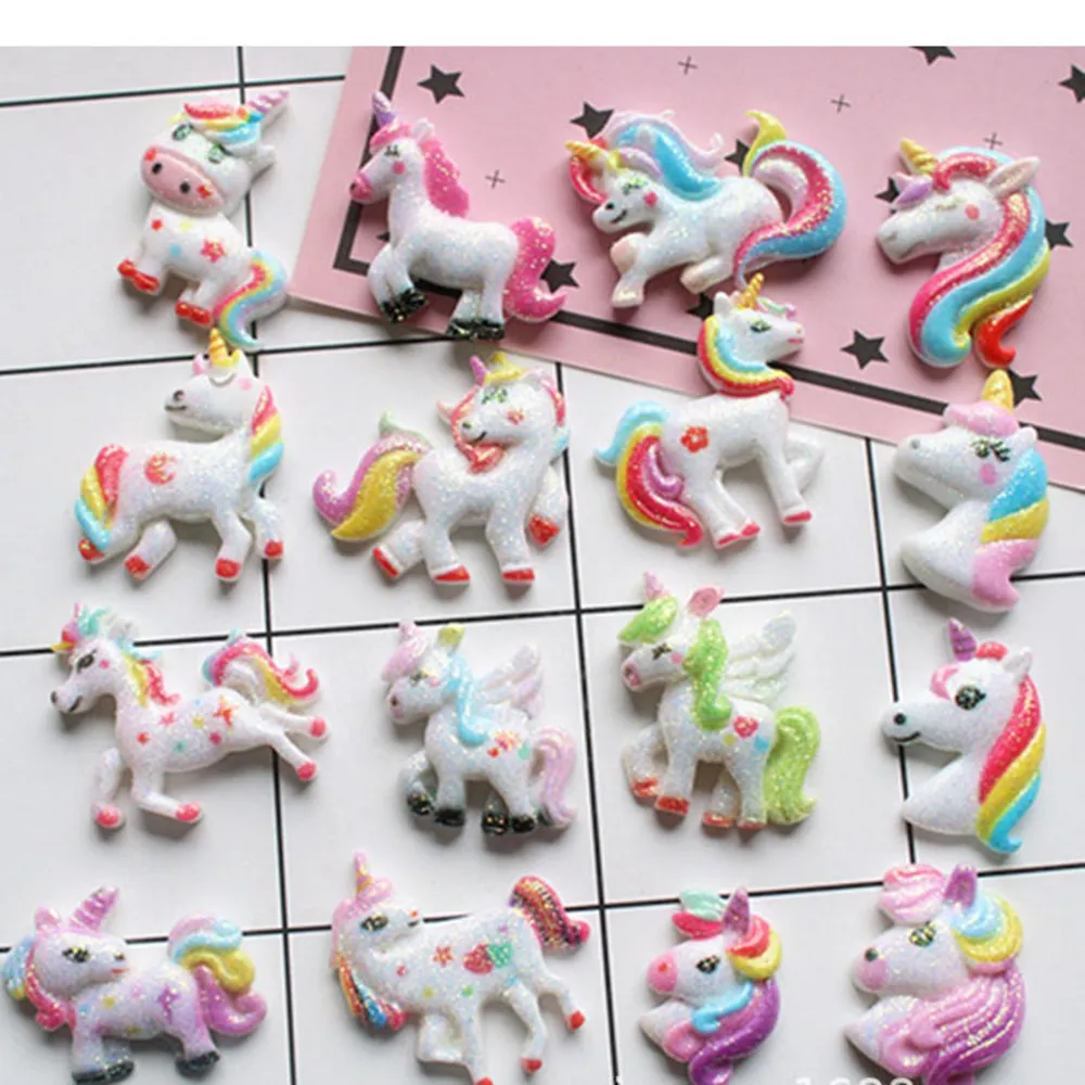 

100pcs/lot 3D resin cartoon rainbow glitter unicorn crafts for headwear hair phone decorates DIY accessories 2.8cmx3cm