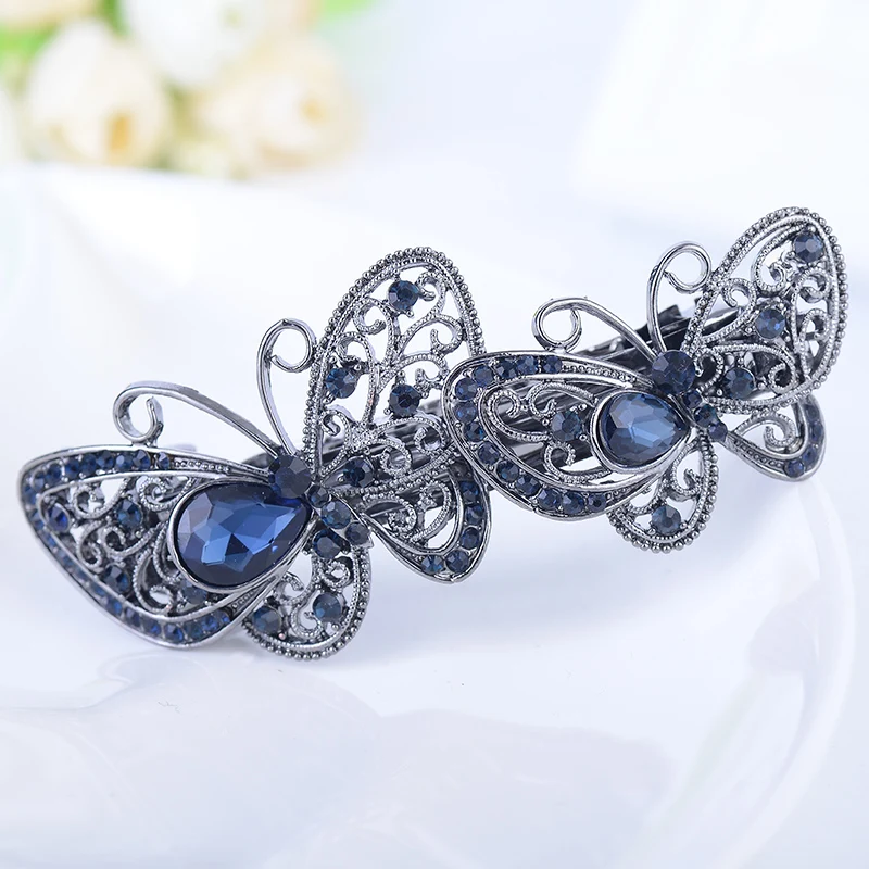 EASYA Vintage Fashion Double Butterfly Hairpin Hair Clips Ornaments New Arrival Big Rhinestone Crystal Animal Barrettes Hairwear