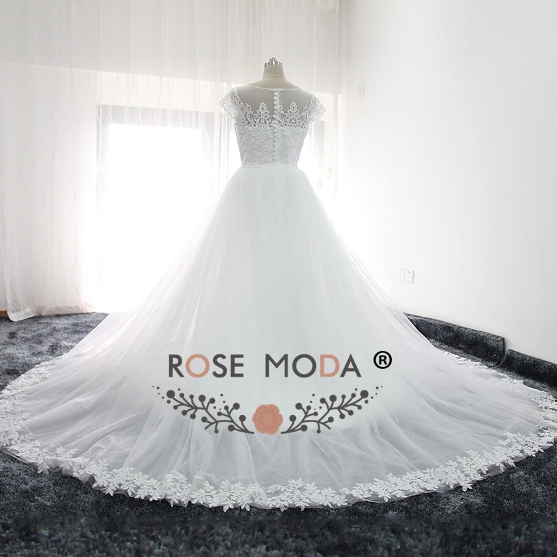 Rose Moda Short Sleeves Mermaid Wedding Dress with Removable Skirt Real Photos