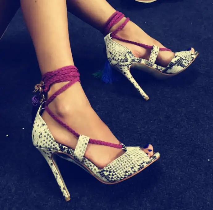 Drop Shipping 2017 Summer Women Sexy Party Peep Toe Green Purple Tassels Lace Up High Heel Sandals Snake Skin Python Shoes 43