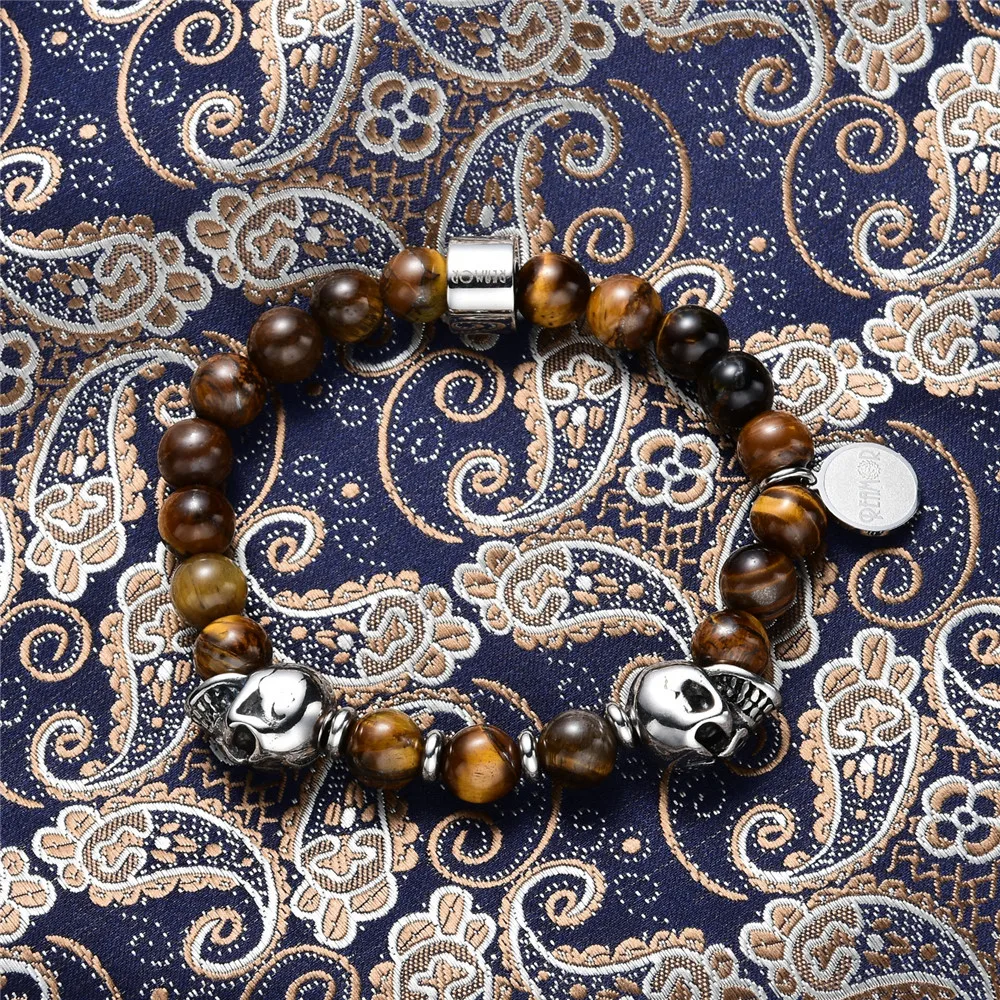 REAMOR Nature Men Tiger Eye Stones Bracelets Stainless Steel Skull Beads With Brand Tags Confidence Stretch Bracelets&Bangles