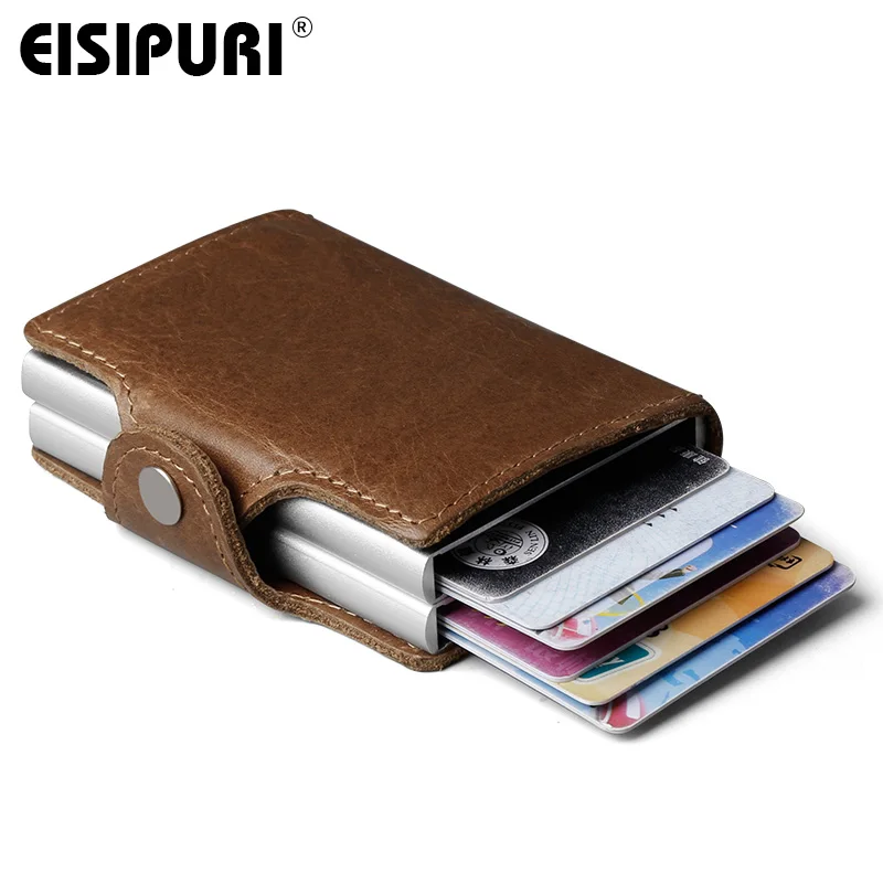 EISIPURI Men Genuine Leather double Metal Credit Card Holder Aluminium RFID Blocking Wallet Hasp Mini Vintage Wallet Hold  Cards image 4