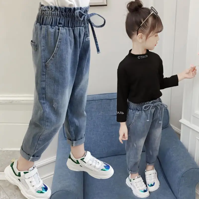 2024 Spring New Fashion Girls Cartoon figure Middle Waist Soild Color Cartoon Jeans Baby Trousers Cotton Denim Long Pants3-12Y
