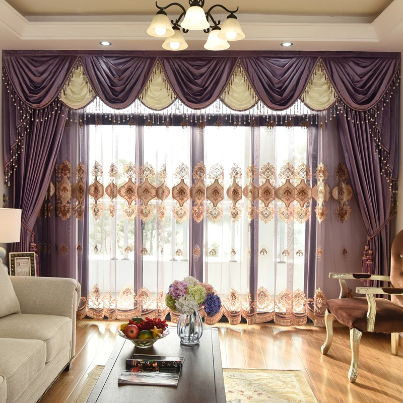 Custom curtain high class European style thicken shading solid purple Italy velvet cloth blackout curtain valance tulle E918