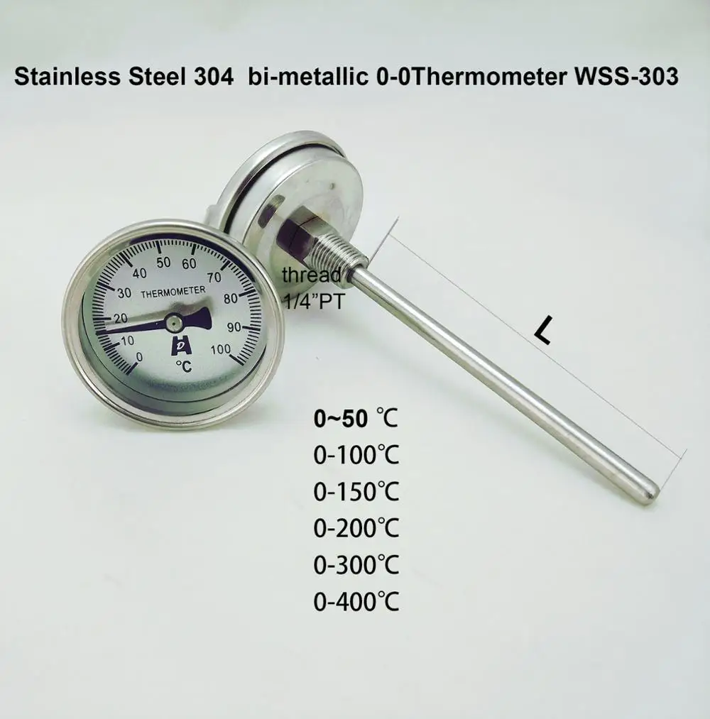 

HD Stainless Steel bi-metallic Thermometer 0-50~300 degrees, Probe length L=100, 1/4PT Thread WSS-303