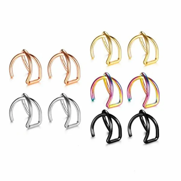 

Ear buckle without ear holes stainless steel hypoallergenic cartilage earring u shaped double ring crossed ear clip ear ring