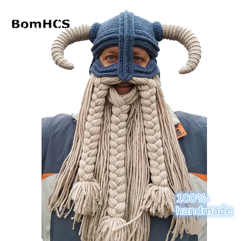 BomHCS Funny Party Halloween Cap Men\'s Head Beard Beanie Horn Hat Handmade Winter Warm Birthday Gift