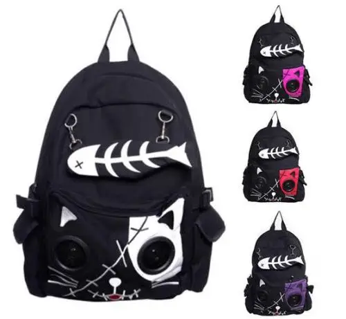 Speaker Bag KIT Cat Animal Rucksack Backpack Emo Gothic Plug & Play Fish Bone Boys Girls Gift