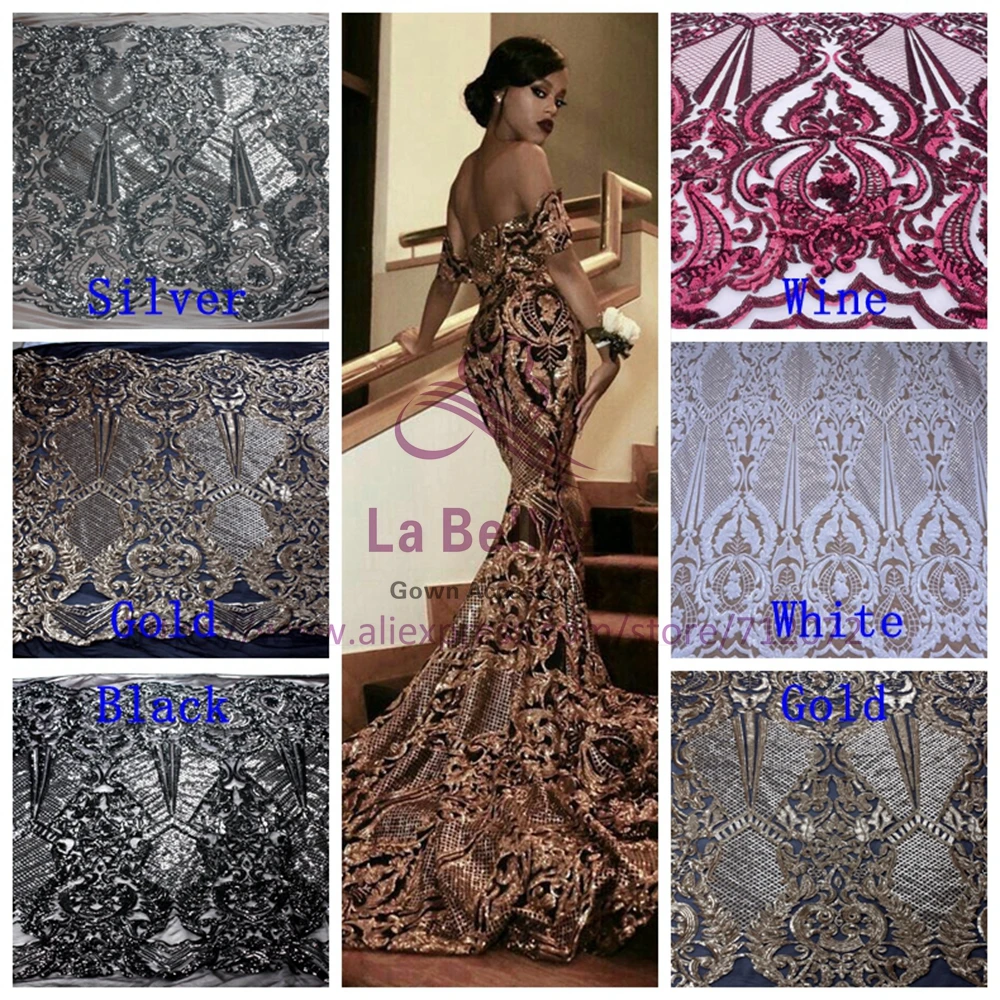 

La Belleza 1Yard Gold/white/black/silver//wine sequins on Stretch net evening/wedding dress lace fabric 51'' with